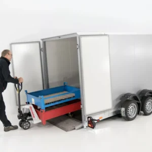 Vezeko Koffer-Absenkanhänger – 2,7 t, 157 × 344 cm, Höhe 190 cm, E-Pumpe, silber