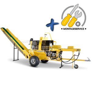 BAMATO 20 to Sägespaltautomat WPO-400PRO mit Förderband | 8,3 kW Motorleistung | Spaltkraft 20t | 6-fach Spaltkreuz | ATV Reifen | Holzspalter Sägespalter Benzin 20 Tonnen
