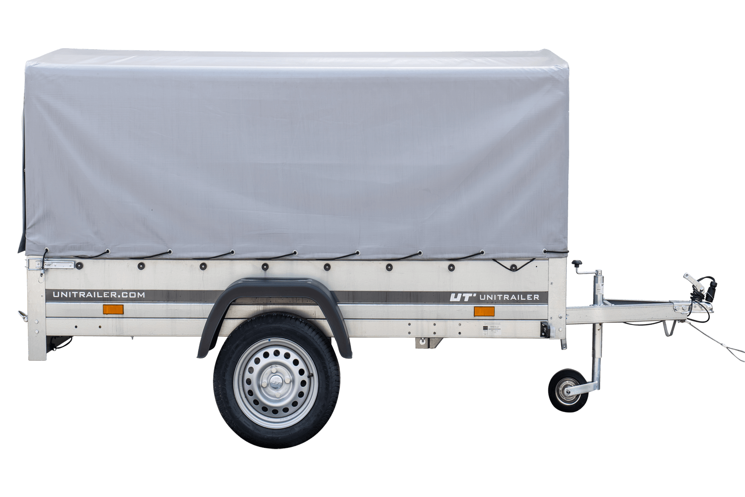 PKW-Anhänger 230x125 UNITRAILER GARDEN 230 KIPP mit Spriegel 80 cm und grauer Hochplane - immagine 3