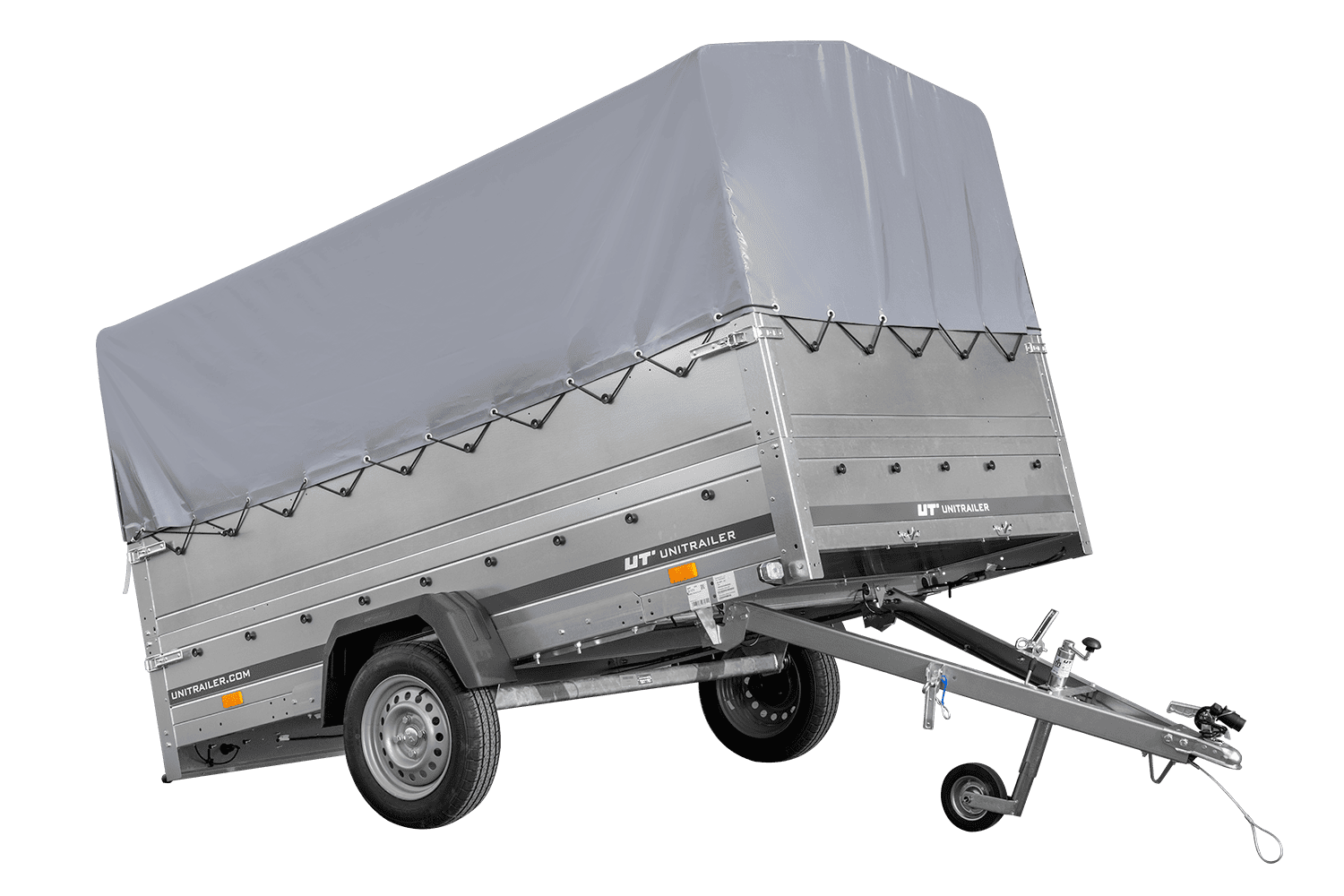 Einachsanhänger 264x150 UNITRAILER GARDEN 265 KIPP mit zusätzlichen Bordwänden, H-800-Rahmen und grauer Plane