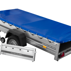 EINACHS-TIEFLADER GARDEN TRAILER 264 KIPP MIT STÜTZRAD, QUERSTREBEN UND BLAUER FLACHPLANE