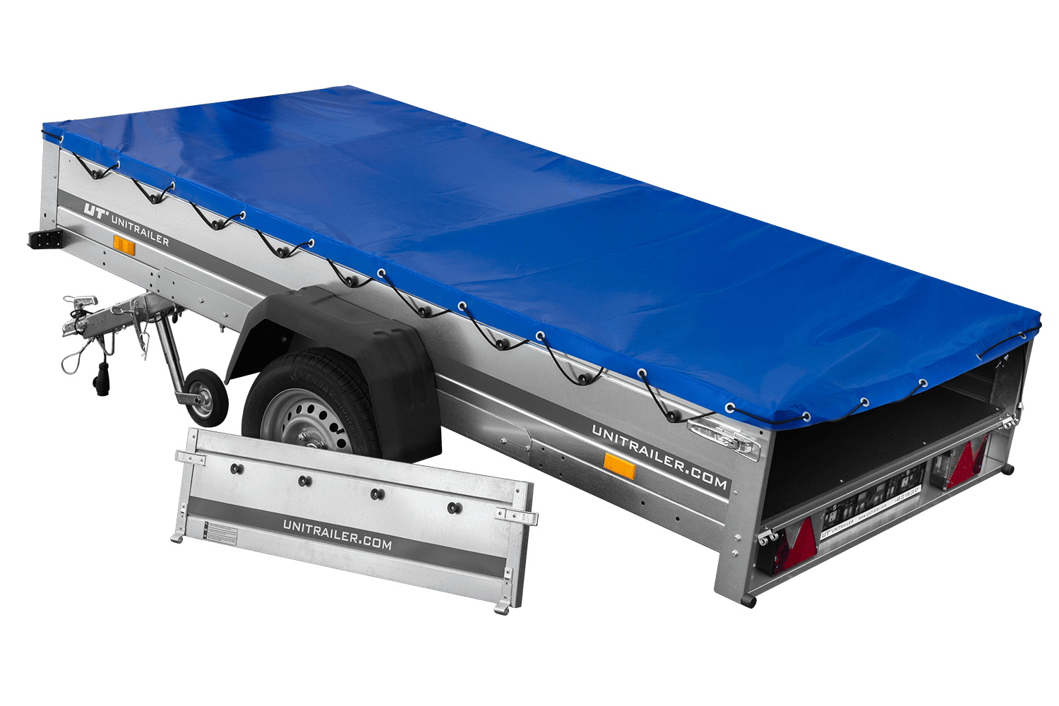 EINACHS-TIEFLADER GARDEN TRAILER 264 KIPP MIT STÜTZRAD, QUERSTREBEN UND BLAUER FLACHPLANE