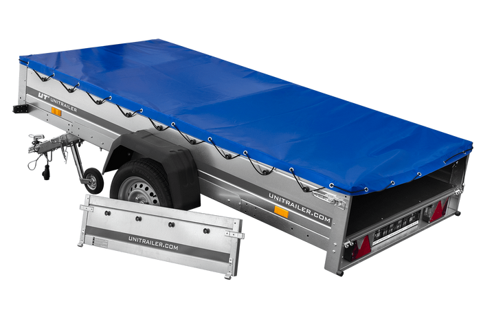 EINACHS-TIEFLADER GARDEN TRAILER 264 KIPP MIT STÜTZRAD, QUERSTREBEN UND BLAUER FLACHPLANE - immagine 11
