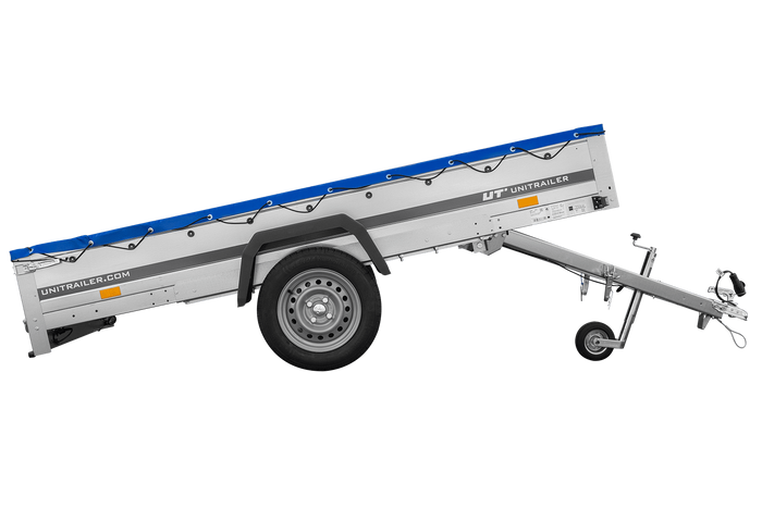 EINACHS-TIEFLADER GARDEN TRAILER 264 KIPP MIT STÜTZRAD, QUERSTREBEN UND BLAUER FLACHPLANE - immagine 9