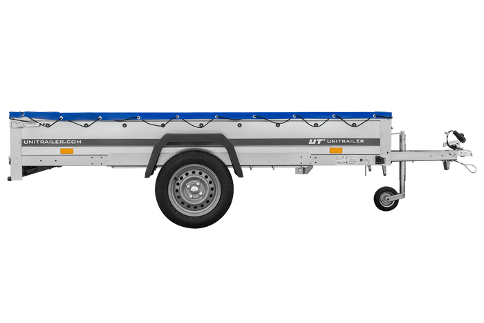EINACHS-TIEFLADER GARDEN TRAILER 264 KIPP MIT STÜTZRAD, QUERSTREBEN UND BLAUER FLACHPLANE - immagine 5