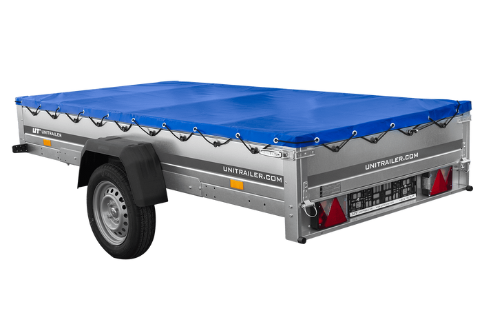 EINACHS-TIEFLADER GARDEN TRAILER 264 KIPP MIT STÜTZRAD, QUERSTREBEN UND BLAUER FLACHPLANE - immagine 6