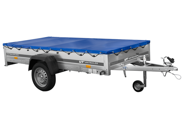 EINACHS-TIEFLADER GARDEN TRAILER 264 KIPP MIT STÜTZRAD, QUERSTREBEN UND BLAUER FLACHPLANE - immagine 3