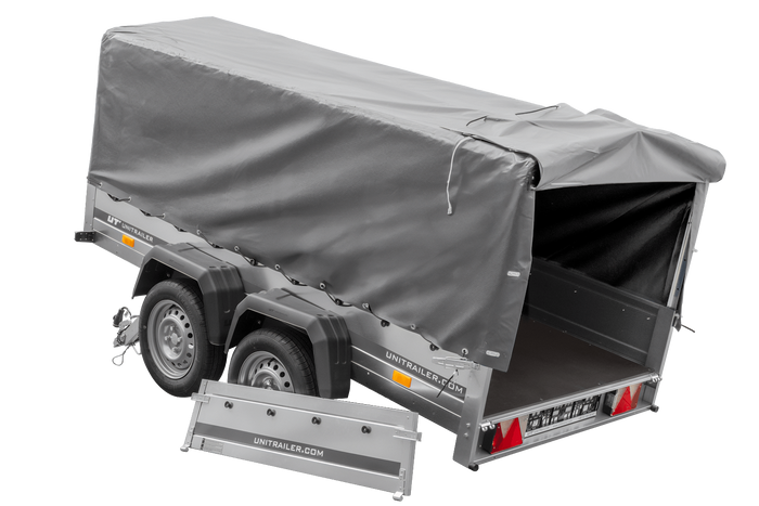UNITRAILER GARDEN TRAILER ANHÄNGER 264/2 KIPP MIT STÜTZRAD, SPRIEGEL UND GRAUER PLANE - immagine 12