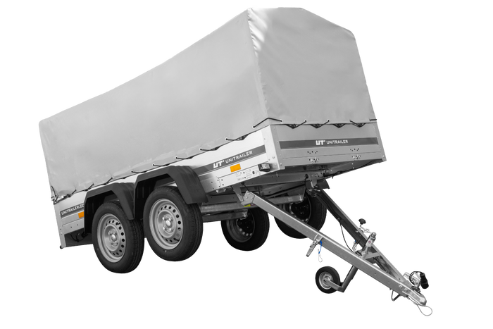 UNITRAILER GARDEN TRAILER ANHÄNGER 264/2 KIPP MIT STÜTZRAD, SPRIEGEL UND GRAUER PLANE