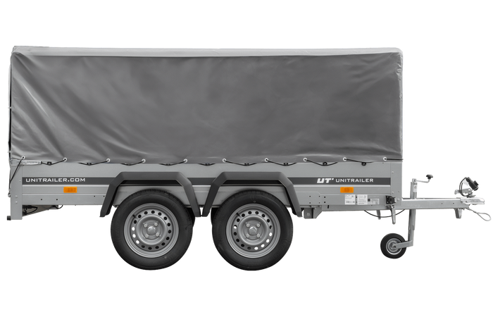 UNITRAILER GARDEN TRAILER ANHÄNGER 264/2 KIPP MIT STÜTZRAD, SPRIEGEL UND GRAUER PLANE - immagine 3