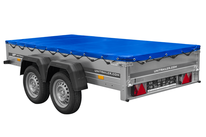GARDEN TRAILER 264/2 KIPP MIT STÜTZRAD, PLANENTRÄGER UND BLAUER FLACHPLANE