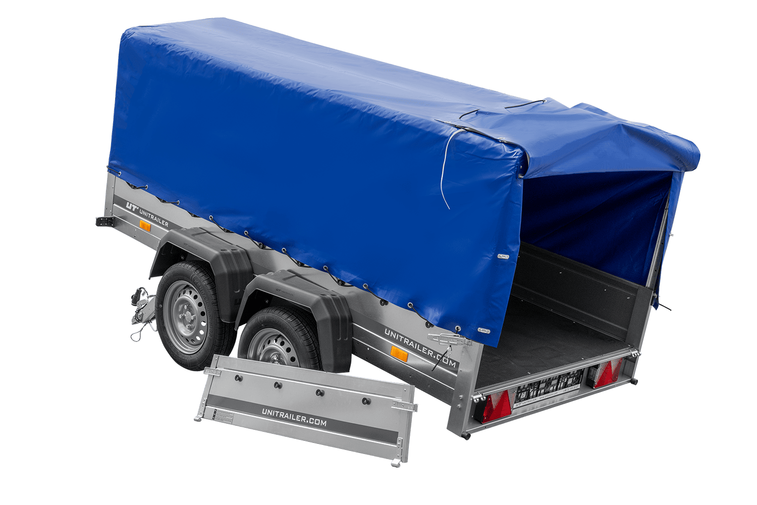 UNITRAILER GARDEN TRAILER ANHÄNGER 264/2 KIPP MIT STÜTZRAD, RAHMEN H-800 UND BLAUER ABDECKUNG - immagine 8