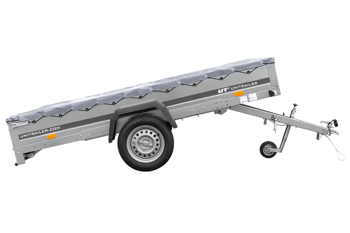 PKW Anhänger 264x150 UNITRAILER GARDEN 265 KIPP mit Flachplanenträger und grauer Plane