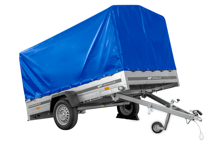 Einachsanhänger 264x150 UNITRAILER GARDEN 265 KIPP mit H-1100 Rahmen und blauer Plane