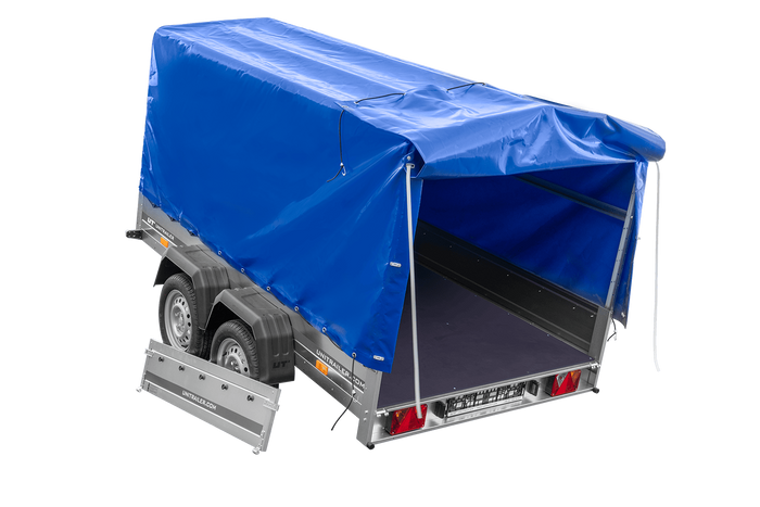 Zweiachsanhänger 264x150 UNITRAILER GARDEN 265/2 KIPP mit Rahmen H-1100 und blauer Plane - immagine 4