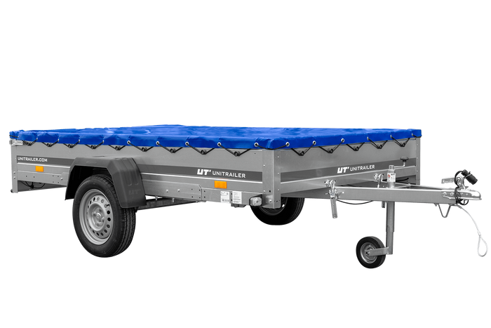 Einachsanhänger 264x150 UNITRAILER GARDEN 265 KIPP mit einem Flachplanenträger und blauer Plane - immagine 3