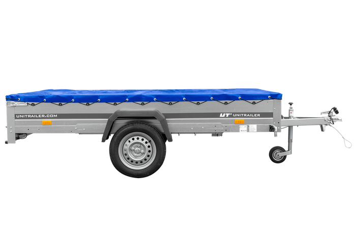 Einachsanhänger 264x150 UNITRAILER GARDEN 265 KIPP mit einem Flachplanenträger und blauer Plane - immagine 4