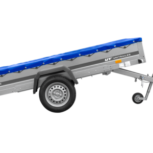 Einachsanhänger 264x150 UNITRAILER GARDEN 265 KIPP mit einem Flachplanenträger und blauer Plane