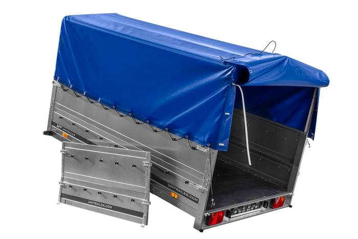 Einachsanhänger 264x150 UNITRAILER GARDEN 265 KIPP mit zusätzlichen Bordwänden, H-800-Hochspriegel und blauer Plane - immagine 6