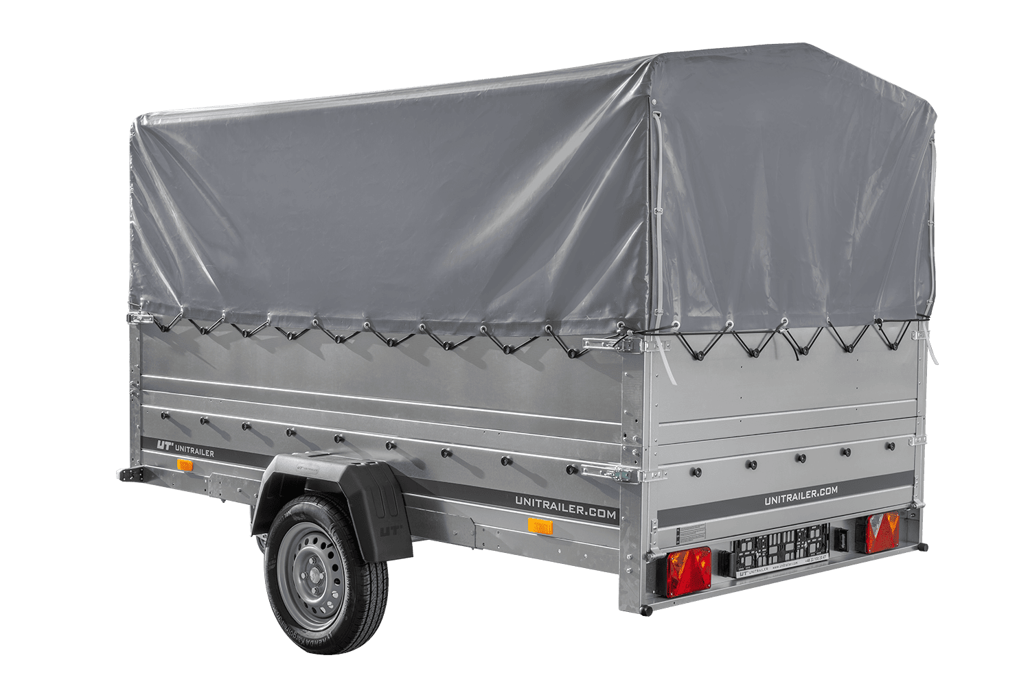 Einachsanhänger 264x150 UNITRAILER GARDEN 265 KIPP mit zusätzlichen Bordwänden, H-800-Rahmen und grauer Plane - immagine 6